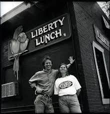 Mark Pratz and J’Net Ward  in front of Liberty Lunch 1985 photo by Dayna Blackwell.
